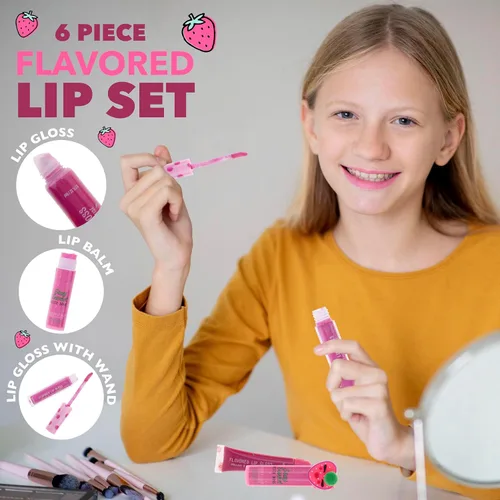 Vista 5 de EXPRESSIONS Juego de 6 brillos labiales y bálsamo labial con sabor a fresa, no tóxico y seguro para pieles sensibles, kit de labios hidratante