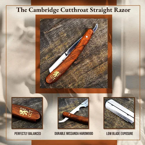 Vista 3 de The Cambridge Cutthroat Cut Throat Razor Kit Missanda Hardwood & Stainless Steel Professional Barber Razor, Premium Single Blade Straight Edge