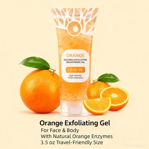 Vista 3 de Paquete de 2 gel exfoliante de enzima naranja para rostro y cuerpo, exfoliante suave para refinar la piel y desatascar los poros, hidratante diario