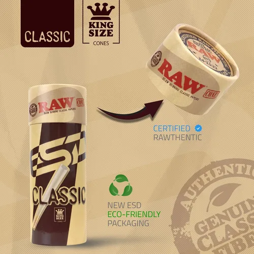 Vista 3 de RAW Cones Classic King Size – Paquete de 100 – Papel preenrollado de combustión lenta con puntas y tubos de embalaje incluidos