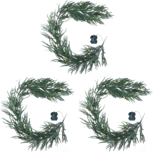Vista 8 de Guirnalda de Navidad de 6 pies preiluminada de pino Norfolk con luces LED – Guirnalda iluminada operada a batería para repisa, escaleras