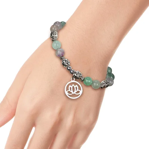 Vista 4 de SPUNKYsoul Pulsera de cuentas de energía curativa de fluorita de cristal de loto para mujer, acero inoxidable y aleación, Cristal, fluorita