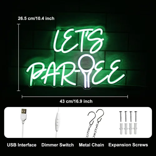 Vista 3 de Let's Par Tee Letrero de Neón para Decoración de Pared - Luz LED Verde y Blanca de Pelota de Golf - Letrero Colgante Regulable para Club de Golf