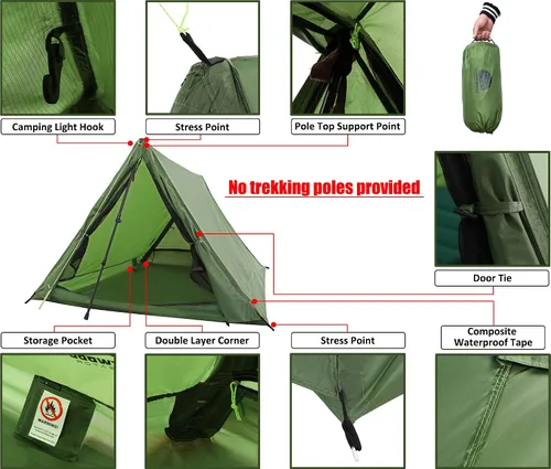Vista 5 de 2-Person Trekking Pole Tent for Backpacking - Ultralight A-Frame Backpacking Tent, Two Person Waterproof Hiking Tent for Camping, Lightweight