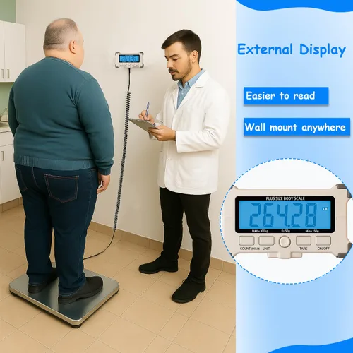 Vista 4 de Báscula resistente extra ancha para peso corporal, báscula bariátrica 661.4 lbs/660 Lb Plataforma ancha y grande, pantalla digital externa fácil