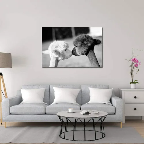 Vista 3 de Wall Art Canvas Print Cute Animal Two Kissing Alpacas Llamas Painting Picture and Poster Morden Artwork Home Decor for Living Room (Framed,30x50 cm)