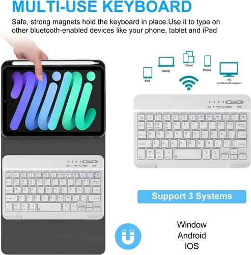 Vista 2 de Funda con teclado para iPad mini, teclado Bluetooth inalámbrico desmontable delgado con folio inteligente para Apple iPad mini 5 2019/iPad Mini 1 2