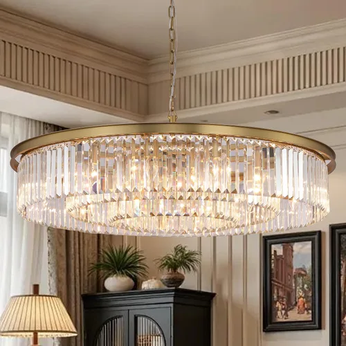 Vista 12 de Candelabro grande de cristal moderno de lujo, lámpara de techo colgante de oro antiguo para comedor, sala de estar, 12 luces, 3 niveles