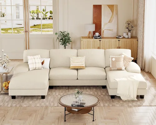 Vista 10 de JUMMICO Sofás Seccionales para Sala de Estar, Sofá en Forma de U con Tela de Chenilla, Sofá Moderno de 4 Asientos con Almohadas Removibles para Gris