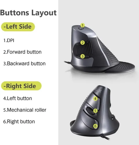 Vista 7 de DeLUX Mouse vertical con cable, mouse ergonómico para computadora con 6 botones programables, 4200 DPI, reposamanos extraíble y para túnel carpiano