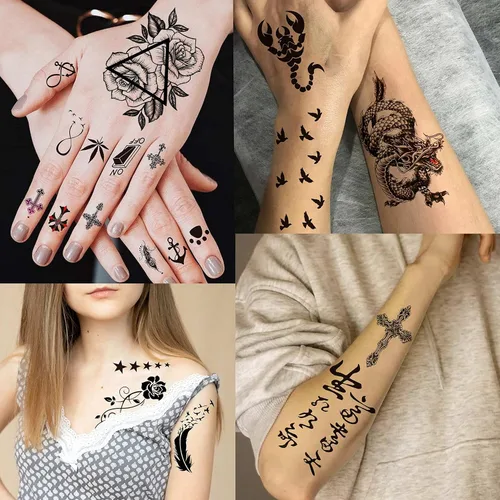 Vista 2 de VANTATY 66 hojas de tatuajes temporales negros pequeños en 3D para mujeres y hombres, impermeables, calcomanías falsas para rostro, cuello, brazo