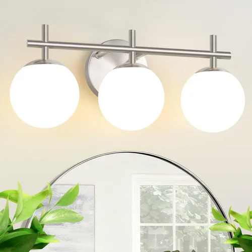 Vista 10 de Juego de dos apliques de pared dorados, paquete de 2 lámparas de baño de oro cepillado con vidrio de globo blanco lechoso, apliques modernos