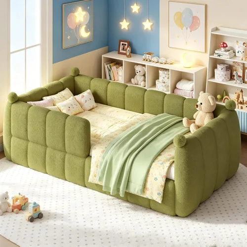 Vista 13 de Bellemave Cama Montessori tapizada de vellón de peluche de tamaño matrimonial con valla, marco de cama infantil de perfil bajo con barandillas