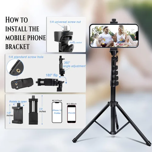 Vista 5 de Soporte de trípode para teléfono Selfie Stick de 60 pulgadas, accesorios de cámara profesional con registro remoto inalámbrico compatible con iPhone