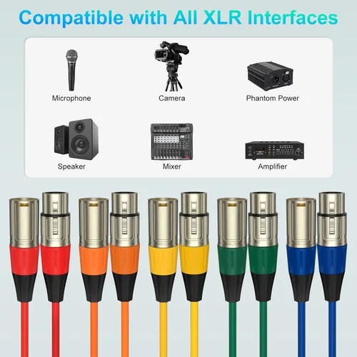 Vista 6 de J&D Cable de micrófono XLR, chapado en oro, resistente, equilibrado, de 3 pines, XLR macho a hembra, cable de micrófono de color para mezclador