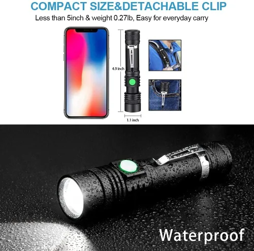 Vista 5 de Hoxida Linterna táctica LED, linterna LED recargable súper brillante de 2000 lúmenes altos, linterna LED de bolsillo con clip, IPX6 impermeable
