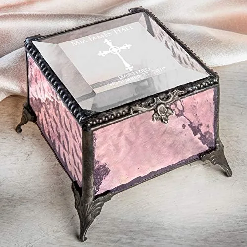 Vista 3 de Regalo de bautismo para niñas, caja de recuerdo personalizada, vitral, rosa, grabada, caja J Devlin 903 EB222 (rosa)
