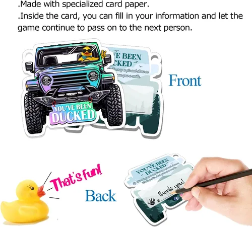 Vista 5 de Etiquetas de pato, tarjeta de pato, tarjeta de juego de pato, pato de goma para etiquetas, diseño de automóvil amarillo Dcuk y SUV, con agujero