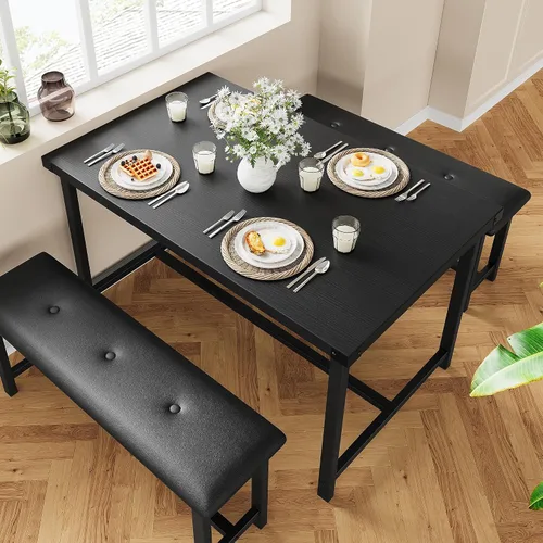 Vista 8 de GAOMON Juego de mesa de comedor para 4, mesa de cocina con bancos, juego de mesa de comedor rectangular con 2 bancos tapizados, juego de mesa