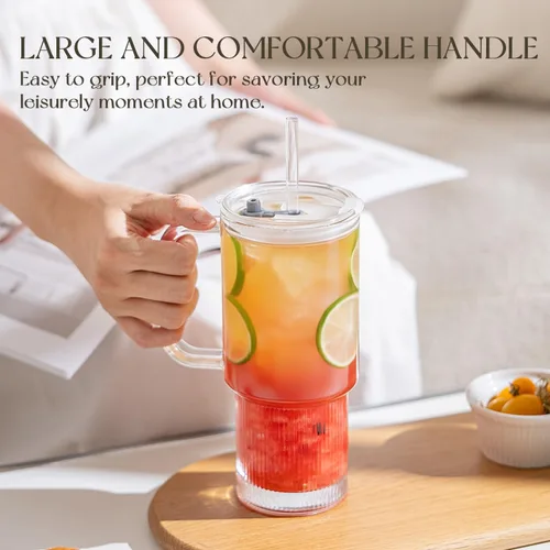Vista 6 de KEMORELA Paquete de 2 vasos de vidrio acanalado de 26 onzas con asa y tapa, grandes tazas de café helado estéticas con pajitas, tazas de vidrio