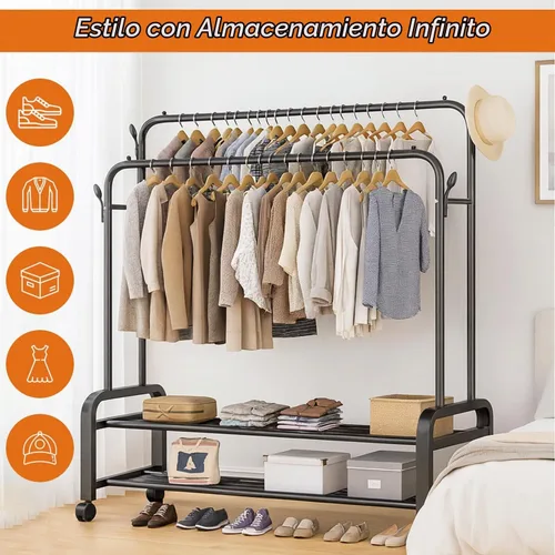 Vista 3 de Perchero resistente, perchero y perchero con ruedas, perchero independiente de doble barra para colgar ropa con estante de 2 niveles y organizador
