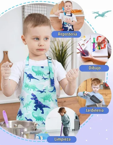 Vista 4 de Paquete de 2 delantales para niños pequeños, delantales artísticos para niños pequeños Dinosaurio