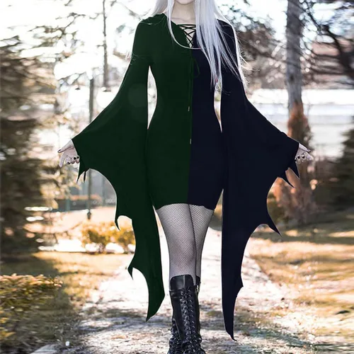 Vista 2 de Disfraces de Halloween para mujer, vestido sexy de manga murciélago, gótico, vintage, mini vestido cruzado, vestido de fiesta de manga larga