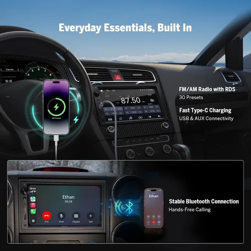 Vista 4 de EONON - Estéreo de coche de 7'' de doble DIN, inalámbrico CarPlay y Android Auto, receptores de audio para coche con cámara de respaldo AHD, DSP
