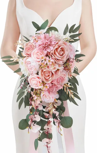 Vista 15 de Serwalin Ramos de boda de 9.8 pulgadas para novia y dama de honor, peonías rosa empolvado, ramos de flores de novia para boda, ramo de lanzamiento