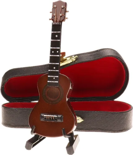 Vista 4 de Ukelele miniatura de madera con soporte y estuche, mini instrumento musical, réplica de ukelele, figuras coleccionables, modelo de decoración
