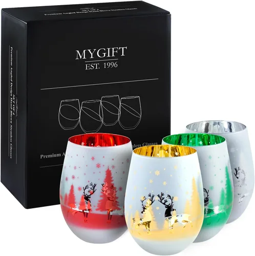 Vista 8 de MyGift Copas de vino modernas de 14 onzas sin tallo de vidrio azul iridiscente con borde en ángulo, cristalería transparente con tinte de brillo