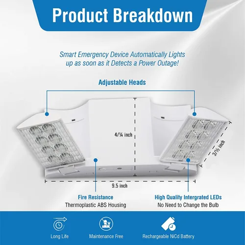 Vista 2 de Ciata Paquete de 12 luces LED de emergencia negras con batería de respaldo, para fallos de energía en el hogar, cableado con cabezales ajustables