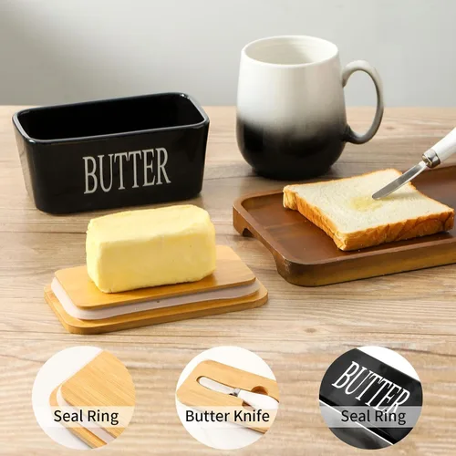 Vista 5 de Hasense Mantequillera con Tapa, Plato de Mantequilla de Cerámica con Cuchillo para Encimera, Recipiente Hermético Cubierto para Mantener Negro