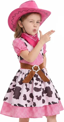 Vista 2 de Disfraz de vaquera para niñas, vestido de vaquera occidental de Halloween con sombrero de vaquero rosa