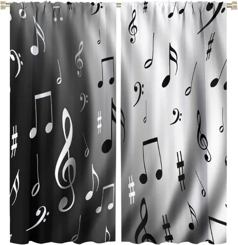 Vista 34 de Cortinas de notas musicales, blanco y negro, instrumento musical, canción, arte de canción, opacas, para ventana, dormitorio, sala de estar