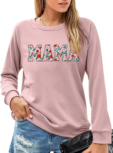 Vista 2 de MNLYBABY Sudadera Mama para mujer, cuello redondo, estampado de corazón de leopardo, sudadera de manga larga casual