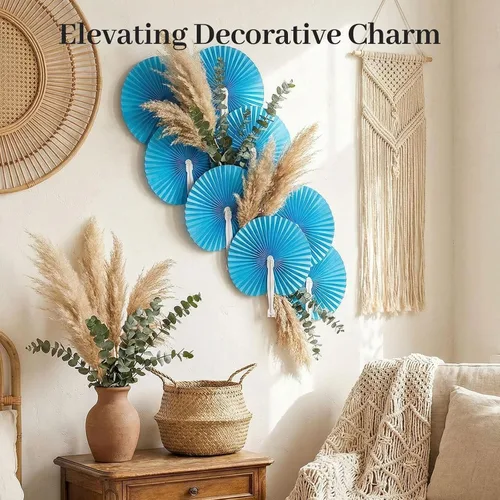 Vista 5 de JOHOUSE Ventilador de mano redondo decorativo plegable, paquete de 12 abanicos plegables azules, manualidades de estilo chino y japonés para bodas