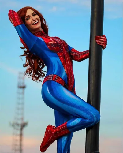 Vista 2 de Disfraz de araña para mujer, body con máscara y lentes, traje de superhéroe de Halloween para cosplay (XL, rojo), Rojo