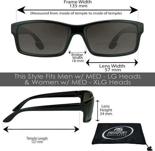Vista 2 de proSPORT Gafas de sol bifocales tintadas para lectores rectangulares +1.50 gris oscuro lente humo marco negro hombres mujeres caso