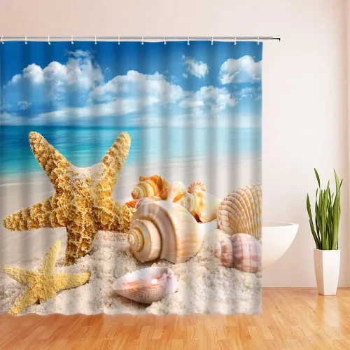 Vista 2 de Cortina de ducha con diseño de estrella de mar, concha, cielo azul, nube, escena tropical del océano, naturaleza, paisaje hawaiano, decoración