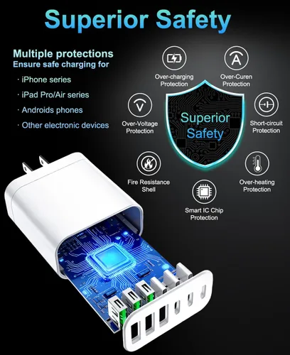 Vista 6 de Bloque de cargador USB C GaN de 90 W, cargador de pared USB C de 6 puertos de carga rápida, adaptador de corriente PD de 45 W para iPhone 17Pro Beige