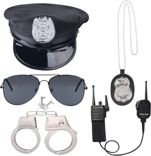 Vista 7 de Beelittle - Kit de policía, gorro de policía con esposas, walkie talkies, esposas, placa y lentes Estilo b