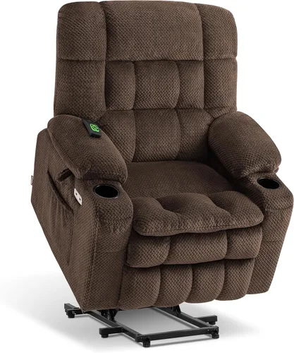 Vista 24 de MCombo Silla reclinable eléctrica de motor dual con masaje y calor para personas mayores, posición infinita, puertos USB, portavasos, tela 7890 Beige