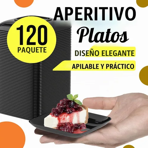 Vista 8 de Exquisite Mini platos de postre pequeños, paquete de 120 platos desechables negros de 2.4 x 2.4 pulgadas, pequeños de plástico sin BPA para bodas