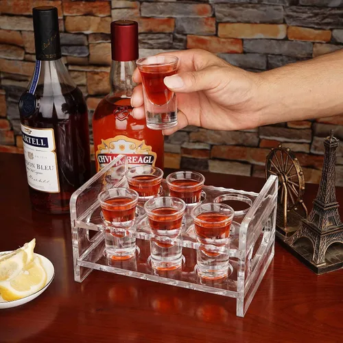 Vista 3 de D&Z Bandeja de vidrio acrílico para servir con 6 vasos de chupito transparentes de tequila de base pesada de 1 oz