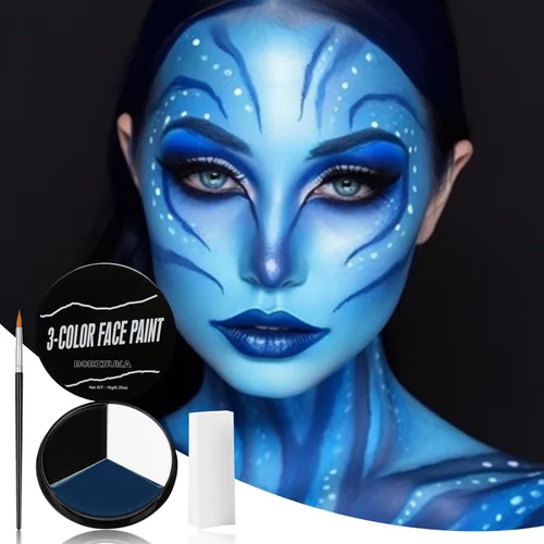 Vista 2 de Pintura facial blanca, negra y azul + 3 piezas de esponja + juego de pintura corporal con pincel, negro ojo para juegos deportivos de béisbol