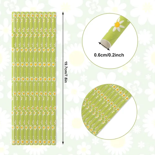 Vista 2 de Whaline 100 popotes de papel desechables con diseño de flores verdes para primavera, verano, cumpleaños, baby shower, suministros de fiesta, jugos