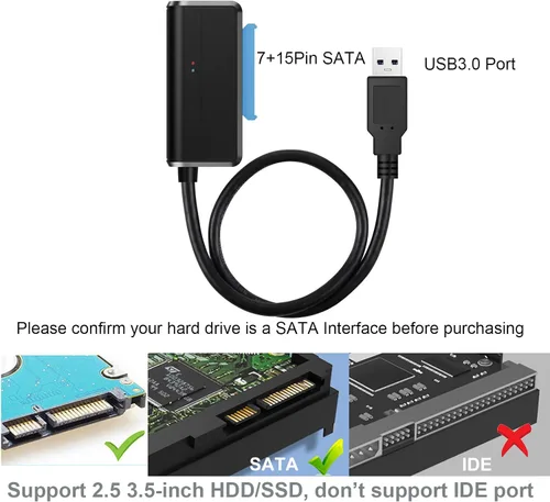 Vista 8 de Cable SATA a USB 3.0 a 2.5 Adaptador de disco duro de 3.5 pulgadas, convertidor externo para transferencia de datos SSD/HDD, con fuente