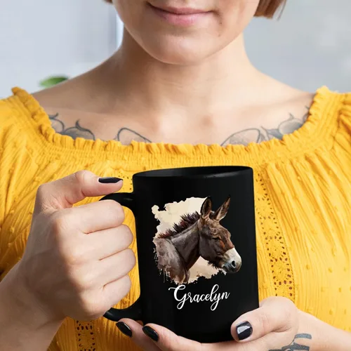 Vista 6 de Tazas de café Mule personalizadas para hombres y mujeres, regalos personalizados de burro y caballo de cerámica negra, regalos para amantes