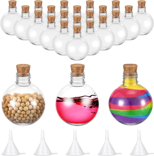 Vista 9 de Layhit 24 botellas esféricas de plástico con forma de bola, botellas redondas de 3.4 onzas, tarro de arena con 5 embudos decorativos, tarro de Negro